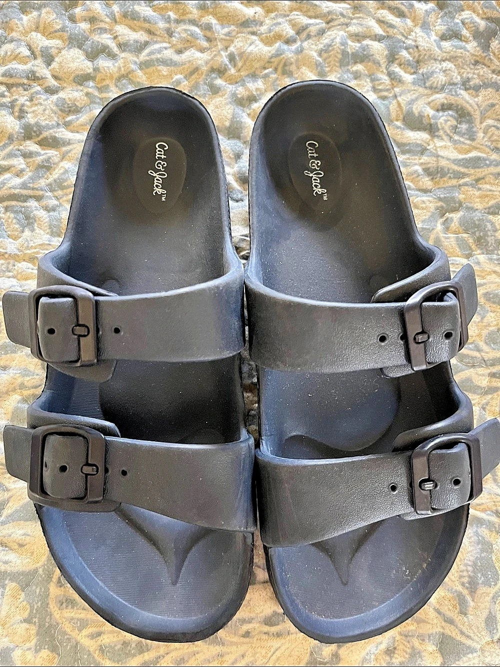 Cat & Jack Double Buckle Flat Sandals in navy blue, size 4